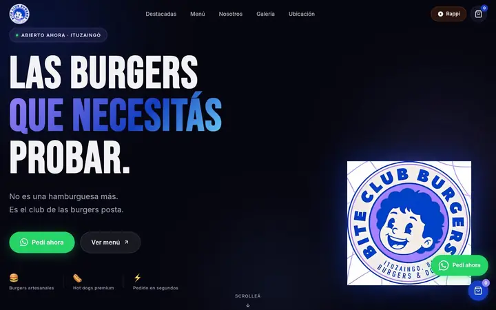 Sitio web de Bite Club Burgers