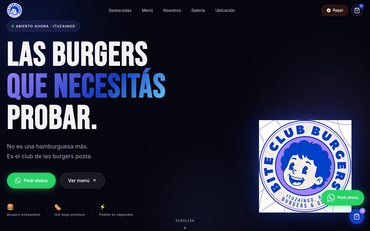 Sitio web de Bite Club Burgers