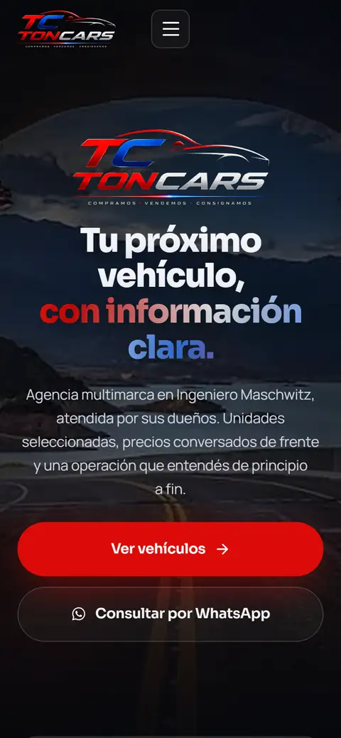 Sitio web de TonCars Automotores visto en un celular